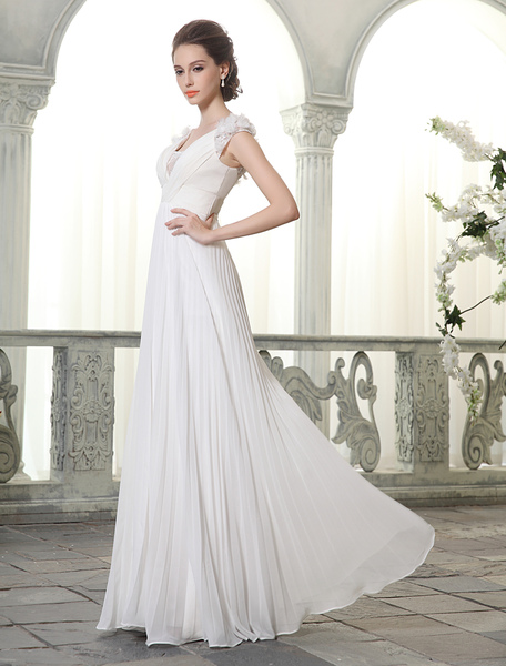Milanoo Beach Wedding Dress V Neckline Chiffon Beading Pleated Floor Length Bridal Gown