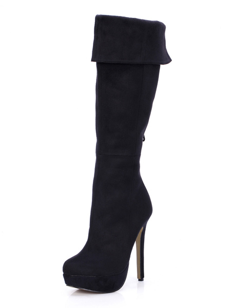 Image of Black Round Toe Stiletto Heel Terry Charming Woman's Knee Length Boots