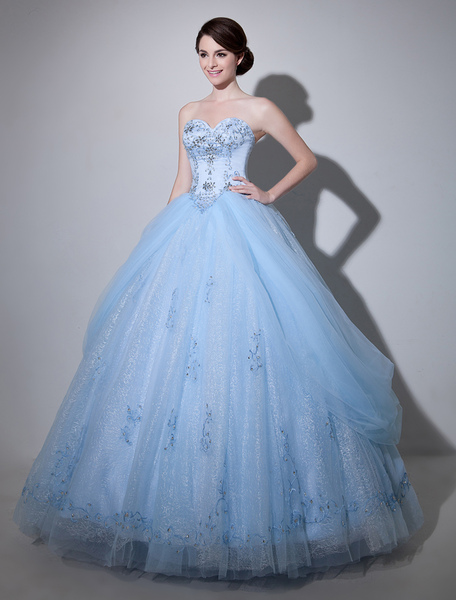 Milanoo Blue Wedding Dress Lace Sweetheart Neckline Strapless Beading Princess Bridal Gown