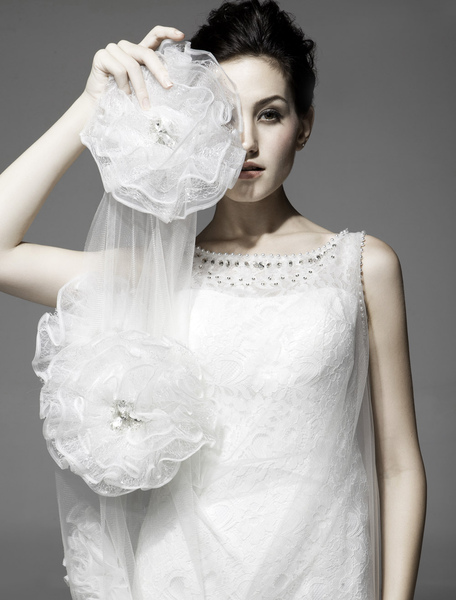 Milanoo Etui-Brautkleid aus Tüll mit Rundkragen in Elfenbeinfarbe
