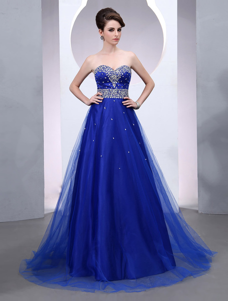 Image of Blue Prom Dress 2020 Long Tulle Wedding Dress Royal Blue Backless Strapless Sweetheart Court Train Bridal Gown