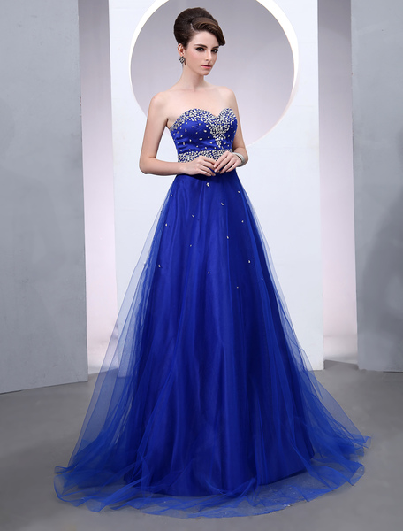 Milanoo Blue Wedding Dress Tulle Backless Strapless Sweetheart Neckline Train Bridal Gown