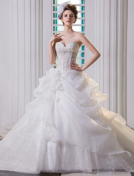 Milanoo Ivory Ball Gown Strapless Sweetheart Neckline Lace Organza Bridal Wedding Gown