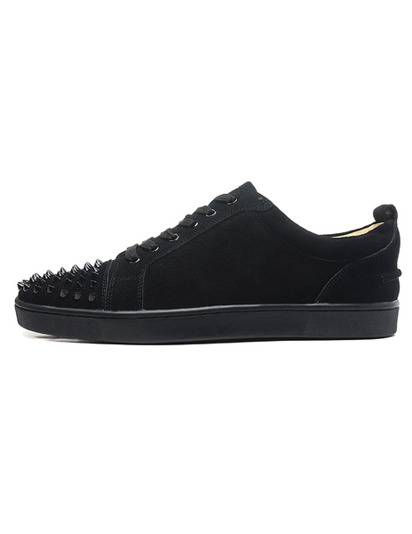 Image of Unique Black Monogram Suede Round Toe Studded Sneakers For Man
