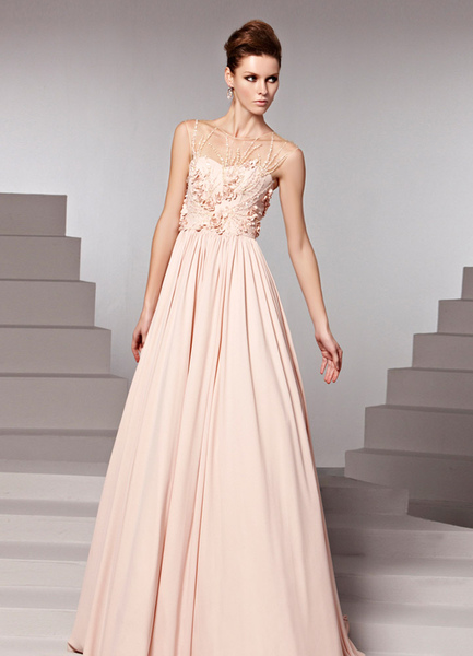 Pink Jewel Neck Beading A-line Sleeveless Chiffon Evening Dress
