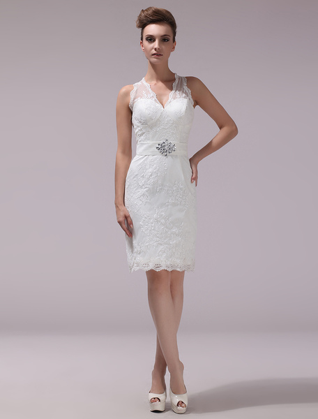 Milanoo White Wedding Dress V Neckline Lace Knee Length Short Bridal Dress