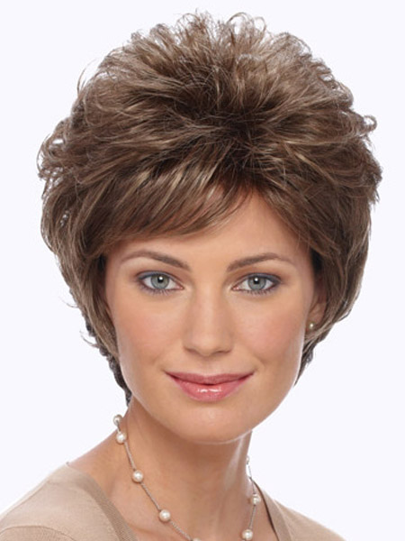 Image of Breve parrucca fibra termoresistente marrone castagna ricci attraente femminile