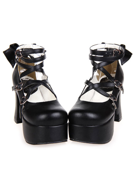 Image of Strappy nera rotonda Toe Leather piattaforma Lolita Shoes