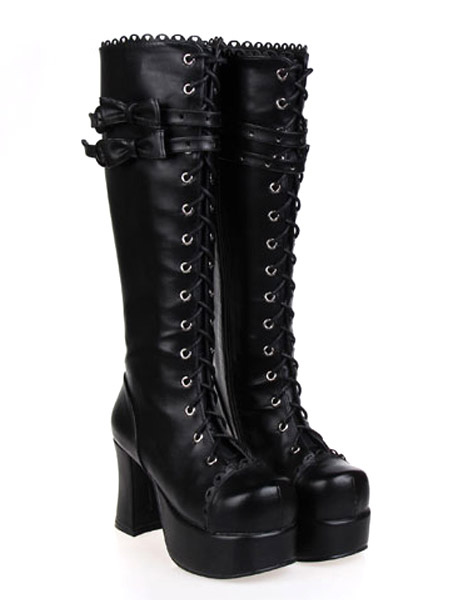 Image of Dolce nero rotondo Toe Leather Lolita Boots