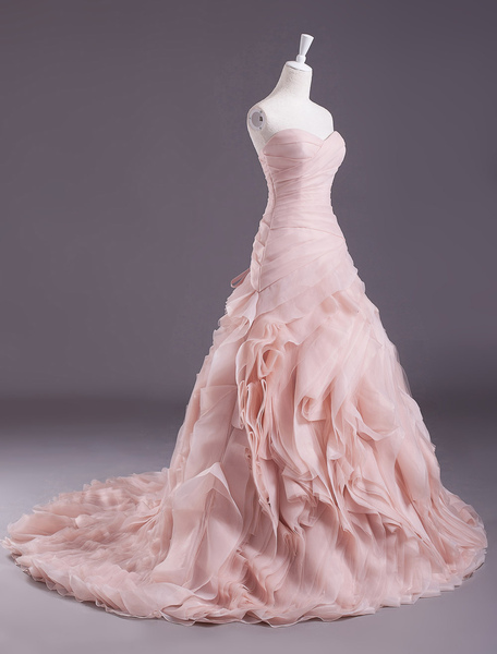 Milanoo Pink A Line Strapless Sweetheart Neckline Tiered Pleated Sweep Wedding Gown