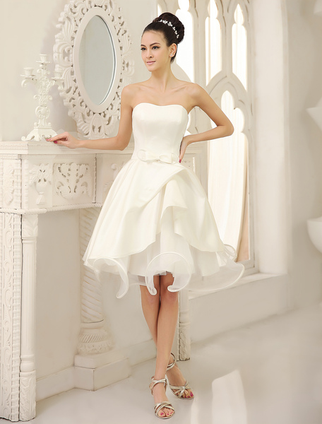 Milanoo Fabelhaftes A-Linie-Brautkleid aus Satingewebe mit trägerlosem Design und Schleife knielang