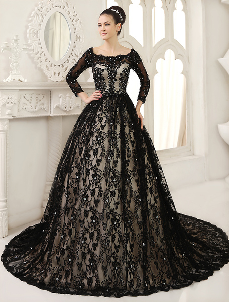 Milanoo Black Wedding Dress A Line Sequin Chapel Train Lace Bridal Gown