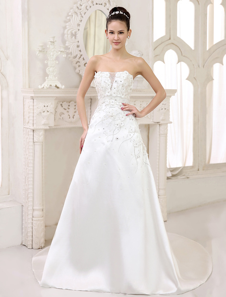 

Ivory A-line Strapless Lace Court Train Bridal Wedding Gown, White