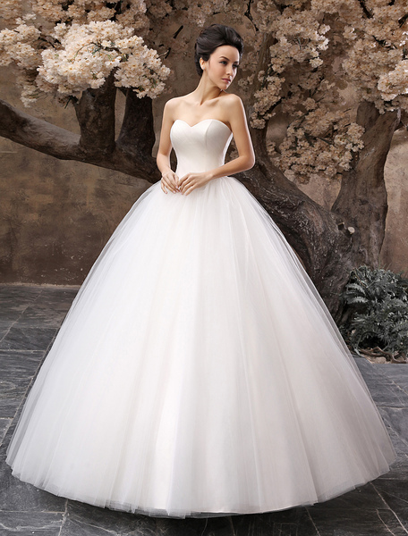 Milanoo White Princess Wedding Dress Sweetheart Neckline Tulle Pleated Lace Up Ball Gown