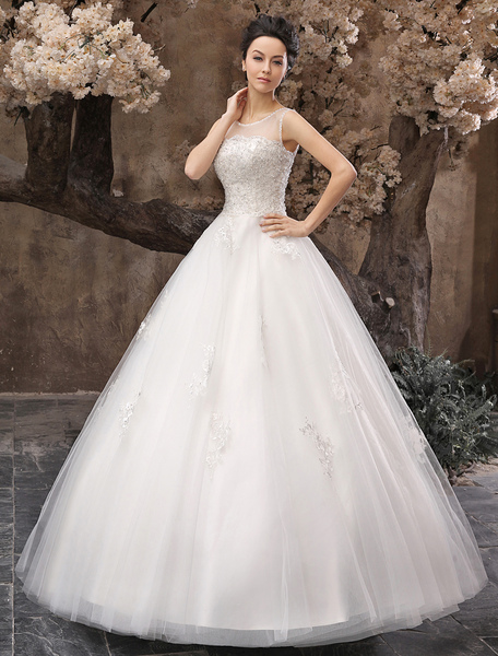 Milanoo White Ball Gown Jewel Neckline Beading Tulle Pleated Lace Up Bridal Wedding Dress