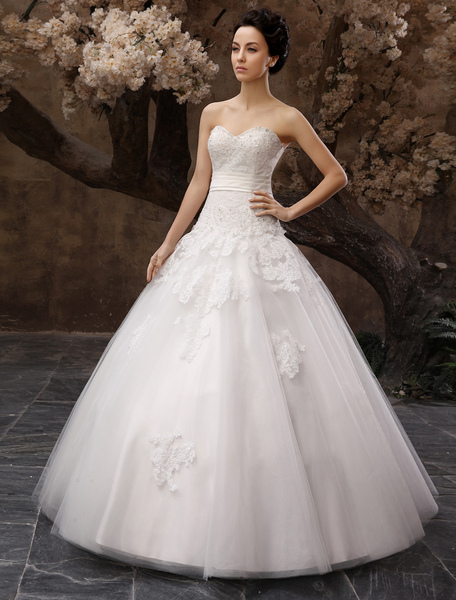 Milanoo White Bridal Ball Gown Dress Sweetheart Neckline Tulle Wedding Dress