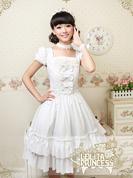 Pure Cotton Sweet Loltia One-piece Dress Square Neck Bows Layers Ruffles