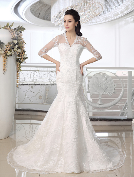Milanoo Ivory Mermaid Bridal Dress V Neckline Lace Half Sleeve Court Train Bridal Wedding Dress