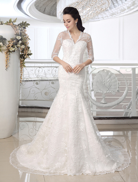 Milanoo Ivory Mermaid Bridal Dress V Neckline Lace Half Sleeve Court Train Bridal Wedding Dress