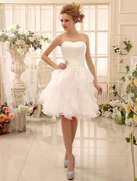 milanoo.com Short Wedding Dress Strapless Tiered Bridal Dress Sweetheart Neckline Satin Knee Length Wedding Gown Milanoo