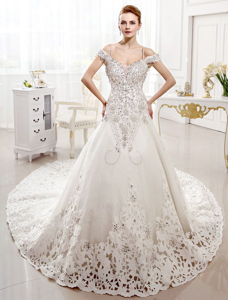A-line Chapel Train Ivory Lace Wedding Dress For Bride with V-Neck Off-The-Shoulder   Milanoo