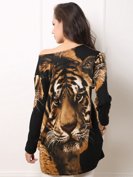 Damen Shirt mit breitem Ausschnitt in Tiger-Optik от Milanoo WW