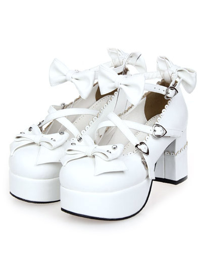 Milanoo White Chunky Heels Lolita Shoes Square Heels Ankle Strap Bows Heart Shape Buckles