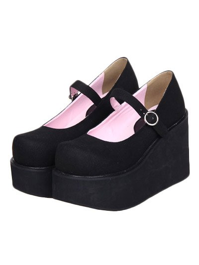 Image of Bella strada indossare scarpe di camoscio nero pelle piattaforma Lolita