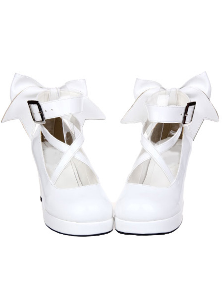 Image of Grosso tacchi alti bianco Lolita scarpe caviglia cinturino fiocco Decor