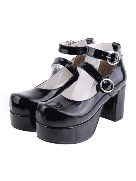 milanoo.com Glossy Black Lolita Heels Shoes Platform Shoes Ankle Straps Buckles