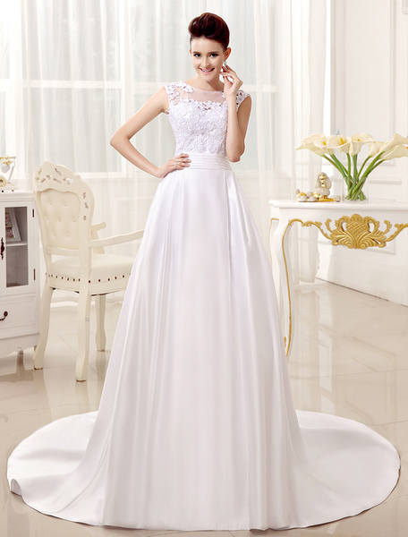 Image of White Wedding Dress For Bride with Bateau Neck A-line Pleated