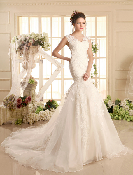 Milanoo Lace Wedding Dress V Neckline Ivory Illusion Organza Mermaid Bridal Wedding Gown