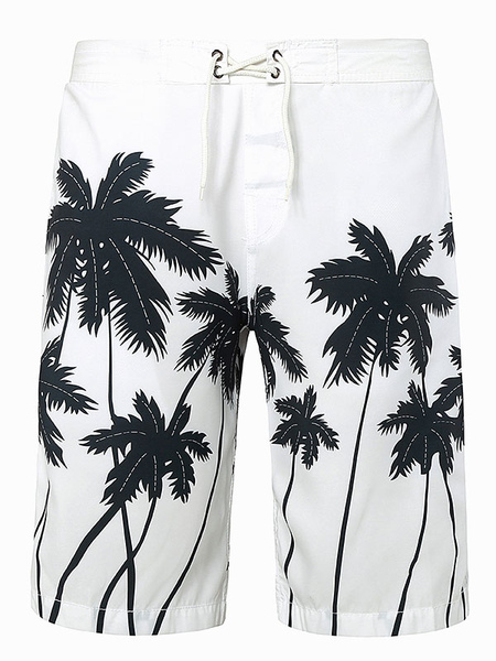 Image of Men Beach Shorts Palm Tree Tropical Print White Summer Shorts