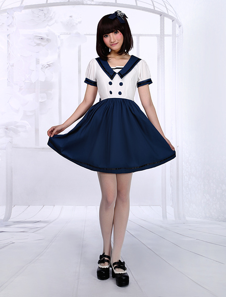 Image of White Navy Blue Lolita One-piece Dress Sailor Style Short Sleevs