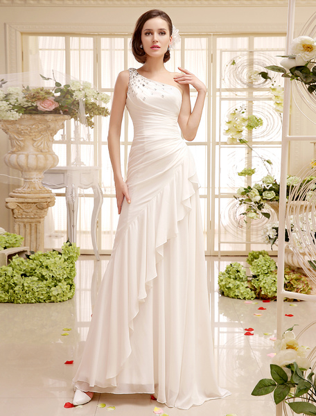 Milanoo Robe de mariée blanche en chiffon une épaule longueur au sol robe de mariage