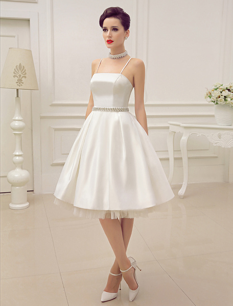 Milanoo Short Wedding Dress With Pearls At Waist Vintage Spaghetti Straps Backless Satin Bridal Dres