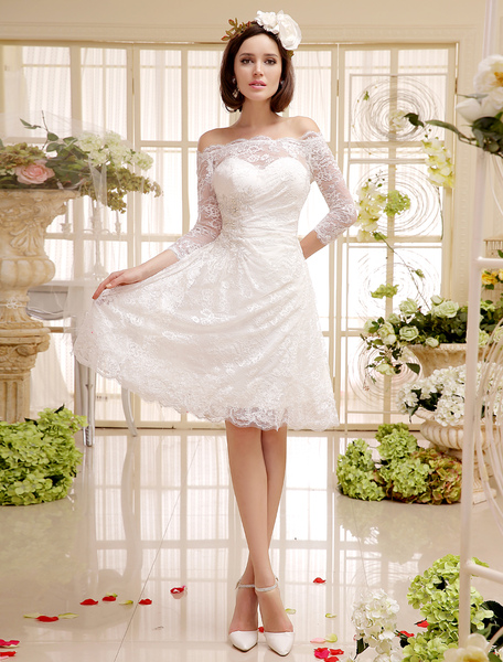 Milanoo Simple Wedding Dress Ivory Off The Shoulder Short Lace A Line Bridal Dress