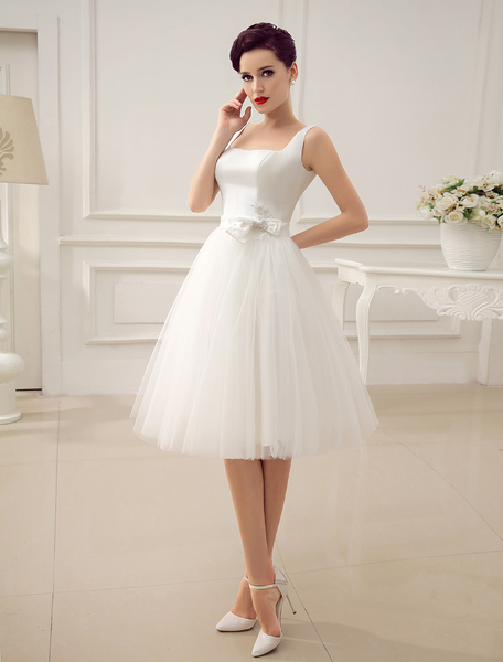 Milanoo Simple Wedding Dress Short Satin Square Neckline Beading Bow Sash Bridal Dress