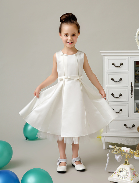 Milanoo Cute Jewel Neck Pearls Satin Bowknot Wedding Flower Girl Dress