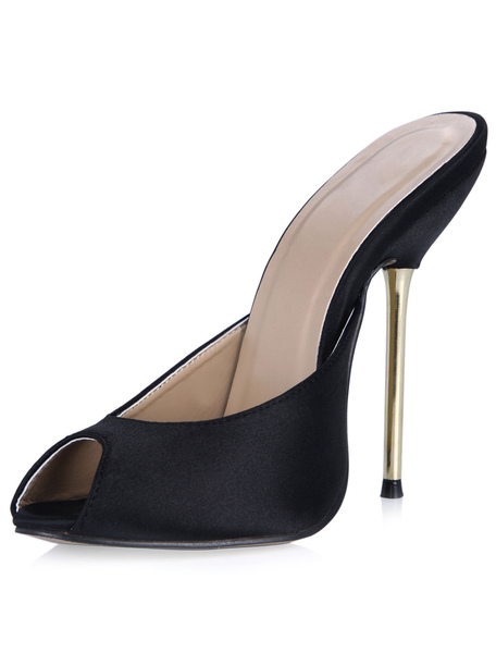 Milanoo Mules Shoes Peep Toe Silk And Satin Balck Pu leather Shoes For Women