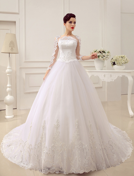 Milanoo Bridal Queen Dress Tiered Long Sleeve Lace Sequin Beaded Princess Wedding Gown