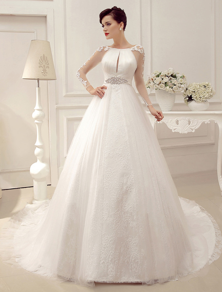 Milanoo Ball Gown Bridal Dress Long Sleeve Lace Beaded Sash Chapel Train Wedding Dress