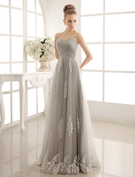 Milanoo Fabelhaftes A-Linie-Brautkleid aus mit Herz-Ausschnitt stufig bodenlang in Silbern