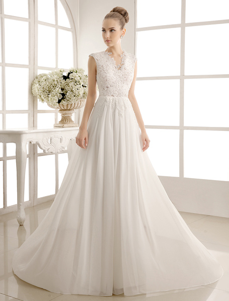 Milanoo Beach Wedding Dress Chiffon V Neckline Pearls Beaded Lace Ivory Bridal Gown