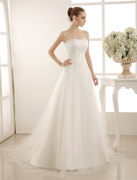 Milanoo A Line Bridal Dress Lace Beaded Strapless Sheath Chiffon Wedding Gown With Chapel Train