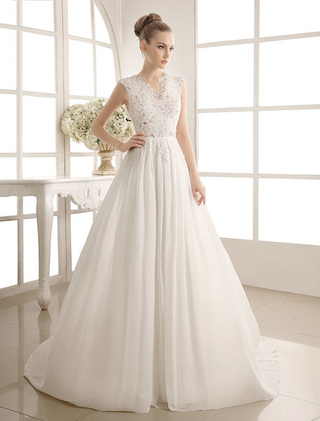 Milanoo Beach Wedding Dress Chiffon V Neckline Pearls Beaded Lace Ivory Bridal Gown