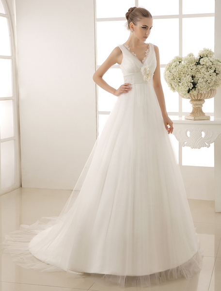 Milanoo A Line Empire Bridal Dress V Neckline Pearls Wedding Dress With Chapel Train