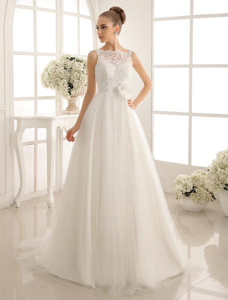 Milanoo Bateau Neckline Tulle Lace Beaded A Line Wedding Gown With Chapel Train