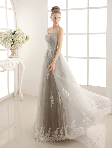 Milanoo Fabelhaftes A-Linie-Brautkleid aus mit Herz-Ausschnitt stufig bodenlang in Silbern