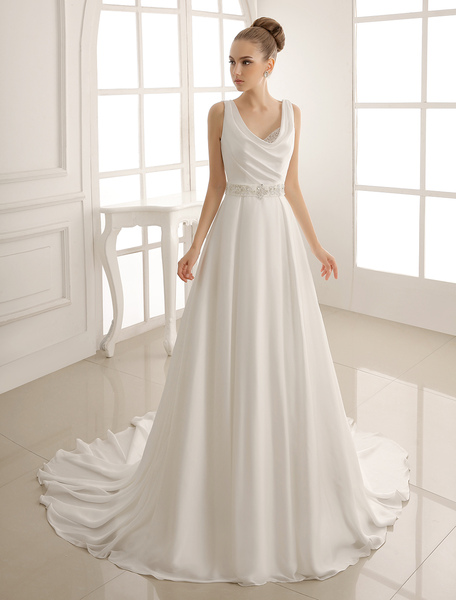 Milanoo A Line Wedding Dress Beaded Pleated Backless Brides Dress With Court Train